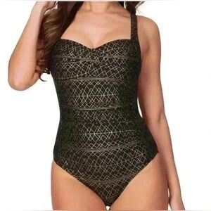 Nip Tuck Swim Deco Foil Louise One Piece Swimsuit Size 6 Black Gold Multi Cup Sz
